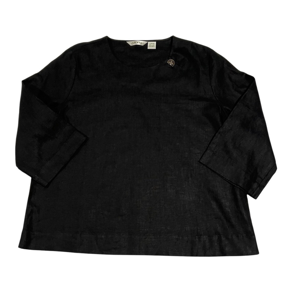 Orvis Top Women's L(6/8) Black 3/4 Sleeve 100% Linen Pullover Blouse Button